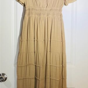 Tiered Maxi Dress in Tan with Smocked Waist